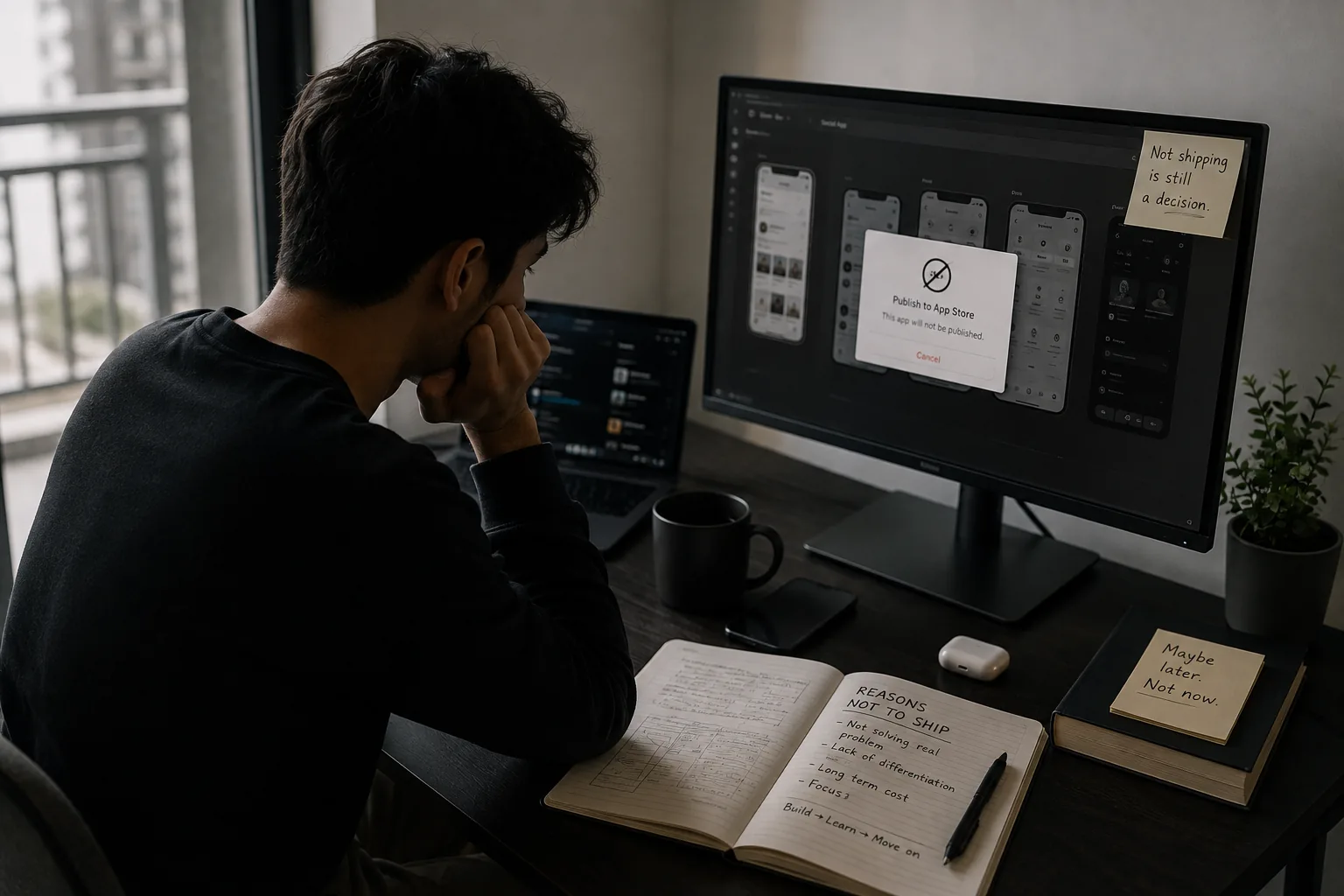 A man at a desk facing a monitor showing app screens behind a cancelled publish-to-App-Store dialog, with an open notebook headed 'Reasons not to ship' and a sticky note reading 'Not shipping is still a decision'.