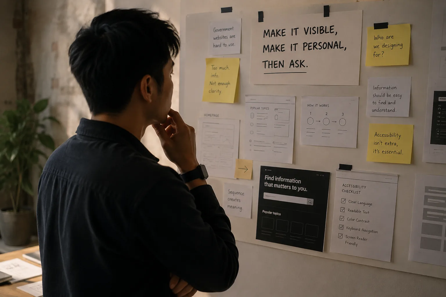 A man studying a wall of pinned research: a handwritten sign reading 'Make it visible, make it personal, then ask', surrounded by wireframes and an accessibility checklist covering clear language, readable text, colour contrast, keyboard navigation and screen reader support.