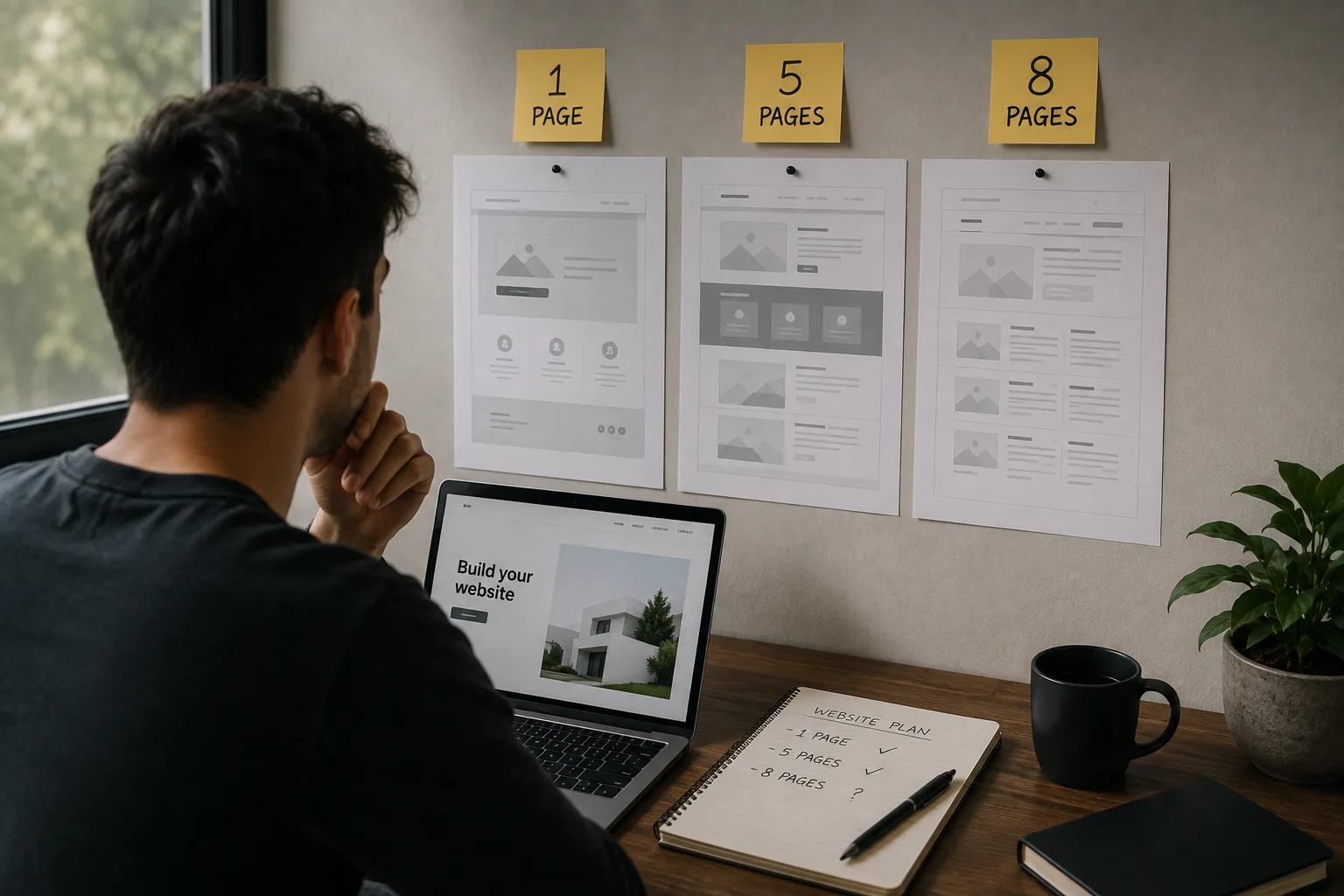 A man studying three wireframe printouts pinned to a wall, labelled one page, five pages and eight pages, with a website plan notebook open on the desk.